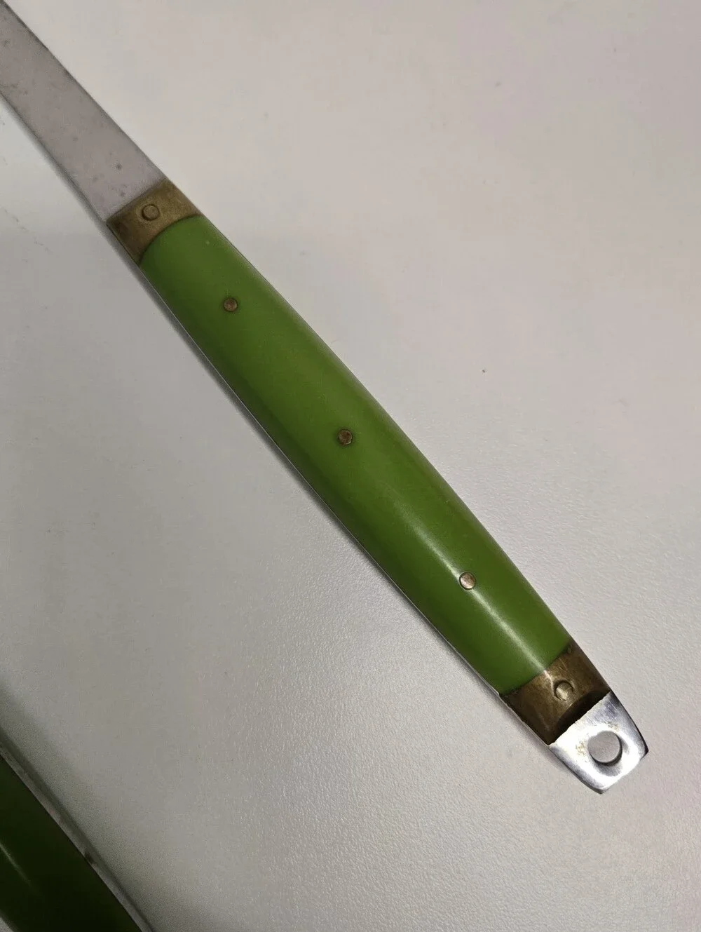 Vintage Styson Stainless Steel Kitchen Utensil Set MCM Japan Green Brass Accents